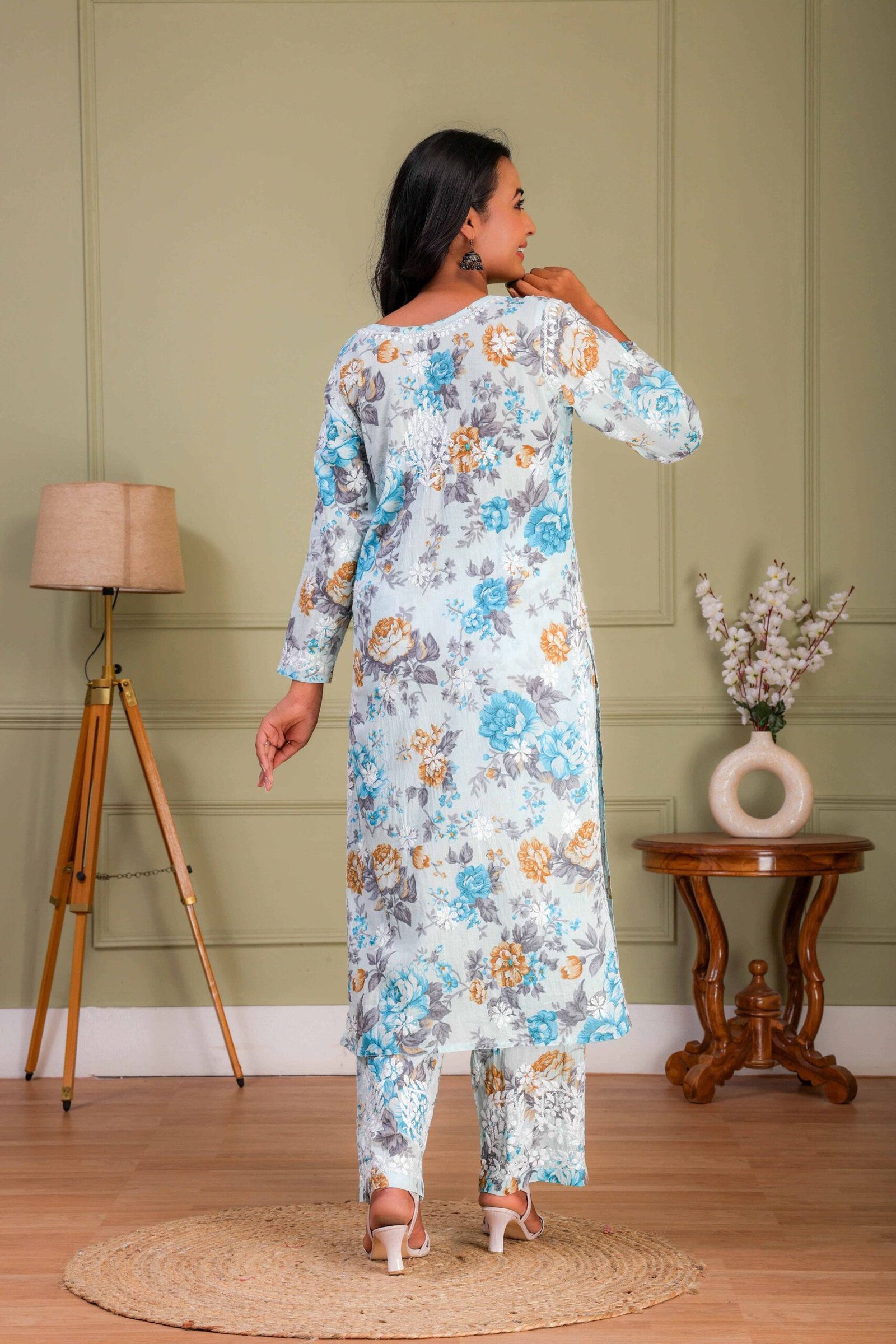 Sky Blue Mul Cotton Kurti Set