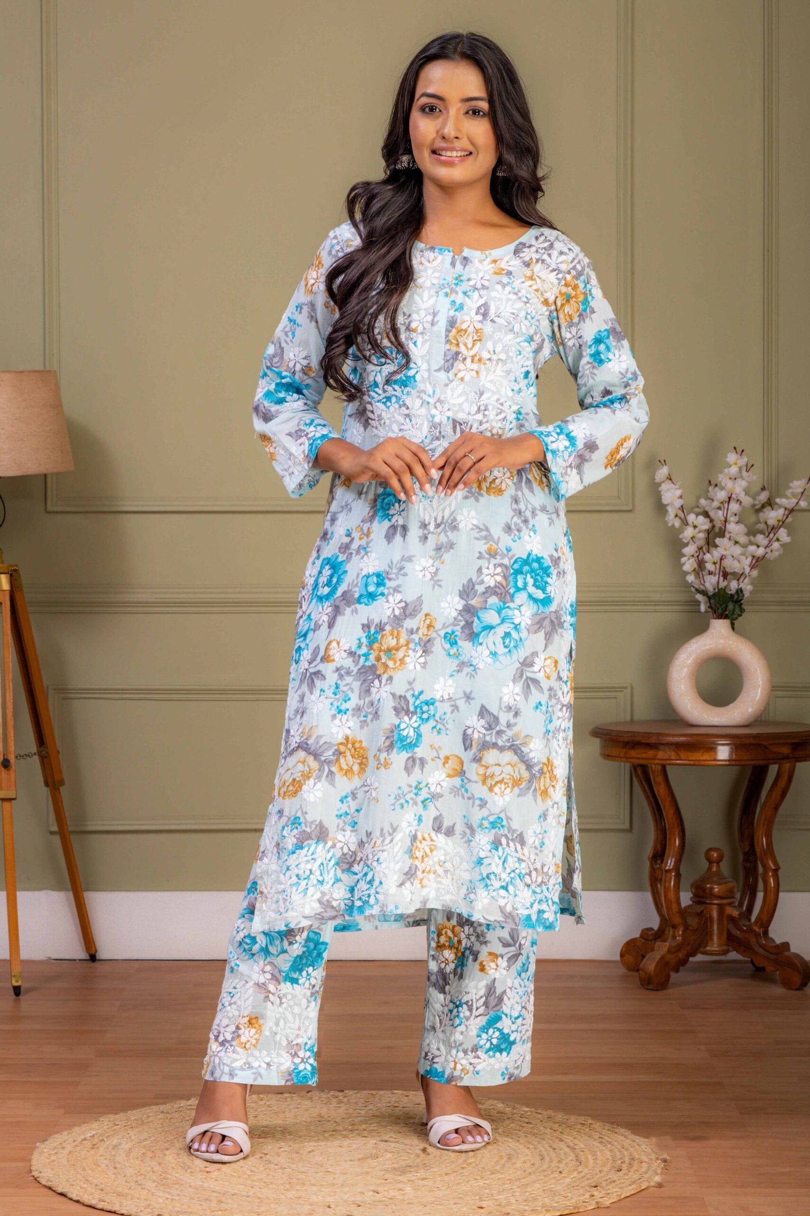 Sky Blue Mul Cotton Kurti Set