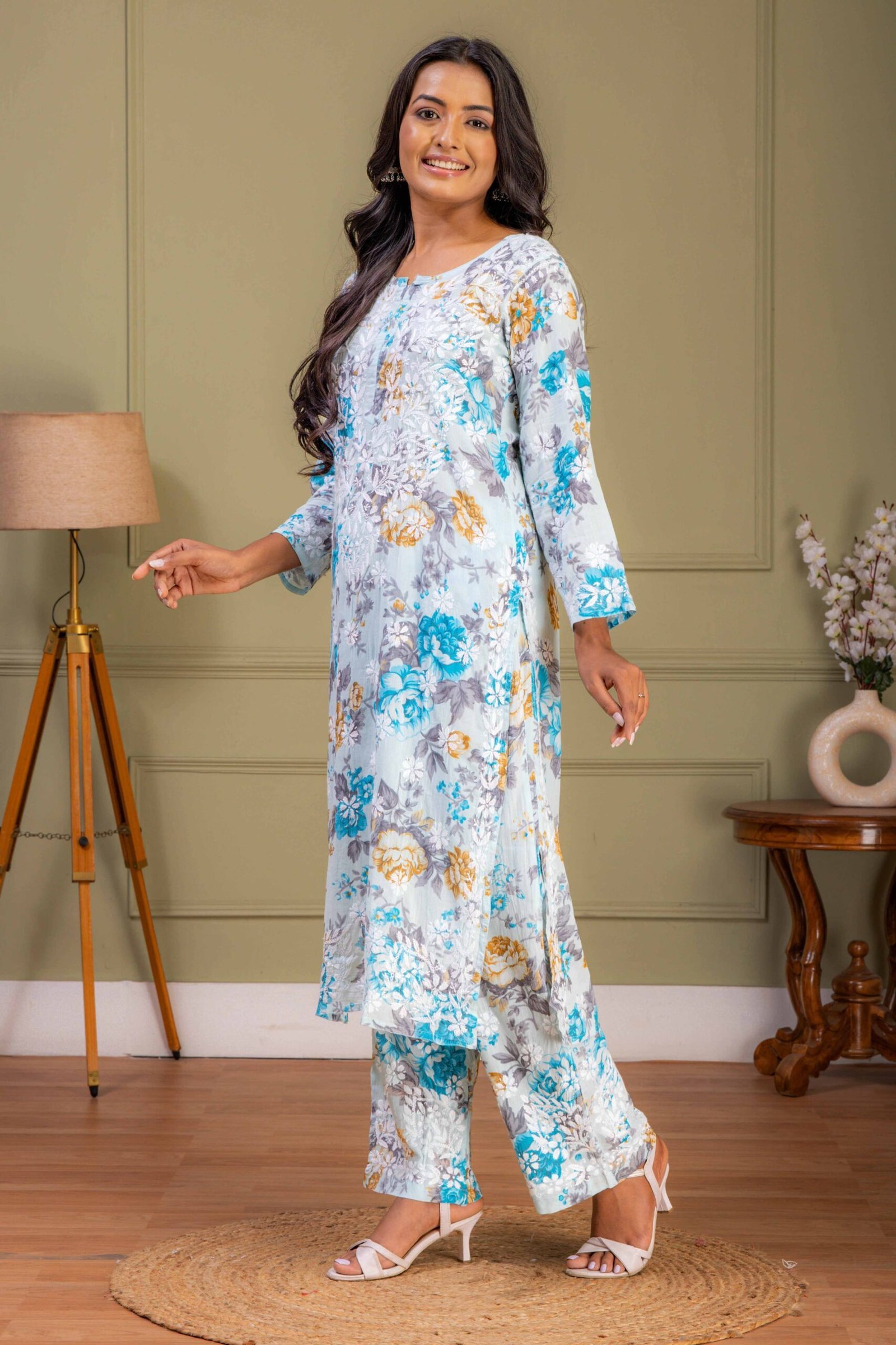 Sky Blue Mul Cotton Kurti Set