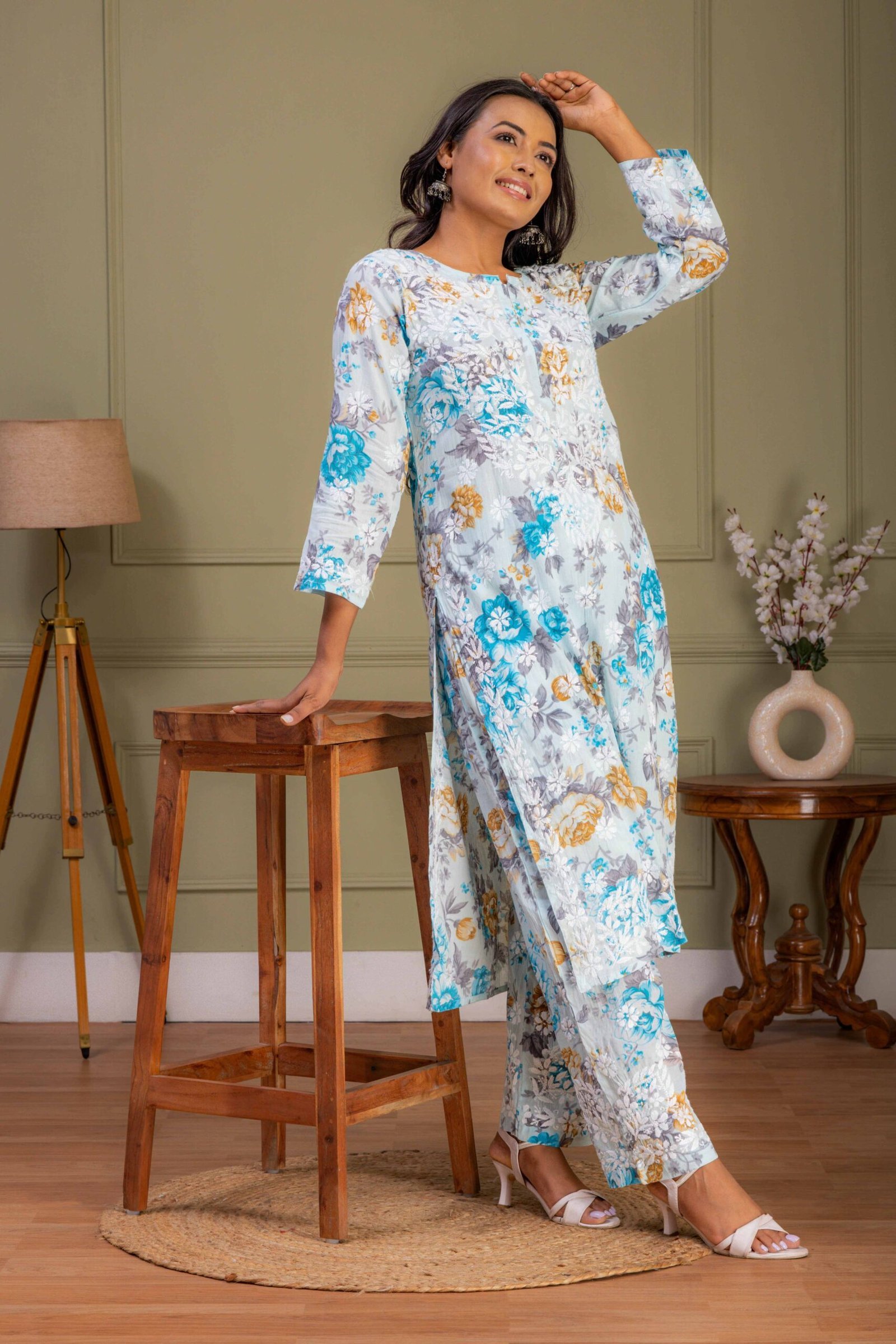 Sky Blue Mul Cotton Kurti Set